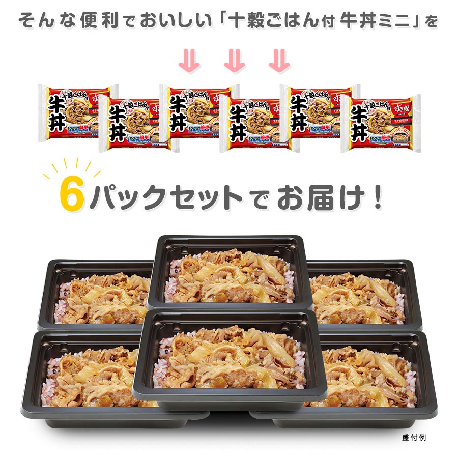 そんな便利でおいしい「すき家 十穀ごはん付 牛丼」を
6パックセットでお届けします。