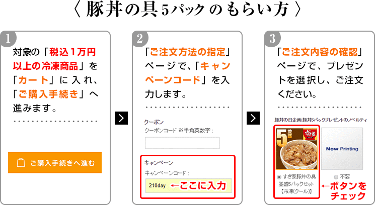 豚丼の具5パックのもらい方(1)対象の「税込1万円以上の冷凍商品」を「カート」に入れ、「ご購入手続き」へ進みます。(2)「ご注文方法の指定」ページで、「キャンペーンコード」を入力します。(3)「ご注文内容の確認」ページで、プレゼントを選択し、ご注文ください。
